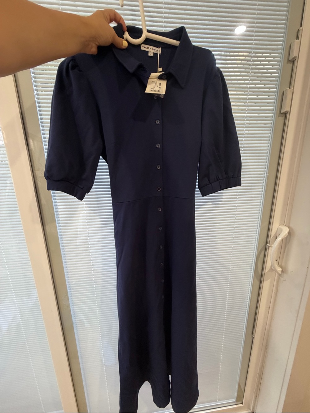 Puff-Sleeve Navy Button-Front Midi Dress